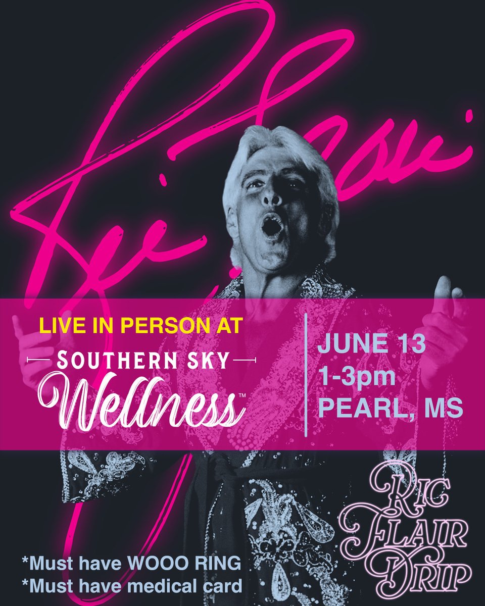 SouthernSkyMS's tweet image. Meet Ric Flair LIVE and in the flesh, at @SouthernSkyWellness in #PearlMS!

Get all the details here:
vist.ly/3n5vdm2

#WoOoOo 
#wwe #wcw
#natureboy #thedrip