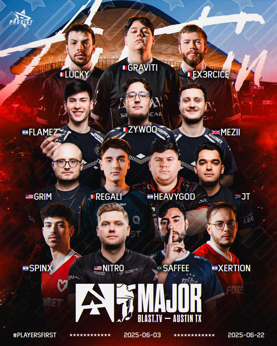 Prodigy Agency (@prodigyagencygg) on Twitter photo It's time to cross the Atlantic for the first CS2 Major of 2025!
Best of luck to our prodigies flying to Austin:
<a href="/LuckyCSGO_/">Lucky^</a> <a href="/graviti_cs/">Graviti</a> <a href="/Ex3rcice/">3DMAX Ex3rcice</a> <a href="/flameZcsgo/">Shahar Shushan</a> <a href="/zywoo/">ZywOo</a> <a href="/kingmezii/">MEZII'</a> <a href="/1grimcs/">Michael Wince</a> <a href="/regali_cs/">Iulian Harjau</a> <a href="/HeavyGodCS/">HeavyGod</a> <a href="/JTcsgo/">Johnny</a> <a href="/SpinxCS2/">Spinx</a> <a href="/nitr0/">nitr0</a> <a href="/saffeecsgo/">Rafael Costa</a> <a href="/xertioNCS/">Dorian Berman</a>
#ProdigyFamily It's time to cross the Atlantic for the first CS2 Major of 2025!
Best of luck to our prodigies flying to Austin:
<a href="/LuckyCSGO_/">Lucky^</a> <a href="/graviti_cs/">Graviti</a> <a href="/Ex3rcice/">3DMAX Ex3rcice</a> <a href="/flameZcsgo/">Shahar Shushan</a> <a href="/zywoo/">ZywOo</a> <a href="/kingmezii/">MEZII'</a> <a href="/1grimcs/">Michael Wince</a> <a href="/regali_cs/">Iulian Harjau</a> <a href="/HeavyGodCS/">HeavyGod</a> <a href="/JTcsgo/">Johnny</a> <a href="/SpinxCS2/">Spinx</a> <a href="/nitr0/">nitr0</a> <a href="/saffeecsgo/">Rafael Costa</a> <a href="/xertioNCS/">Dorian Berman</a>
#ProdigyFamily