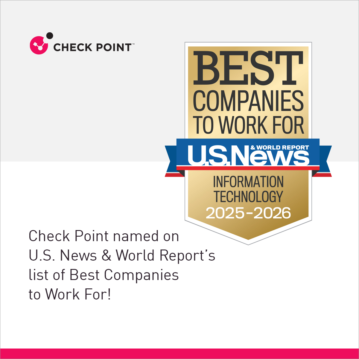 CheckPointSW's tweet image. 🎉🏆 We’re proud to be named one of the Best Companies to Work For by    @USNews — and a top pick in IT!

✨ Innovation
💼 Growth
🤝 Balance
💡 Purpose

When our people thrive, so does the world we protect: checkpoint.com/press-releases…

#BestCompaniesToWorkFor #LifeAtCheckPoint…