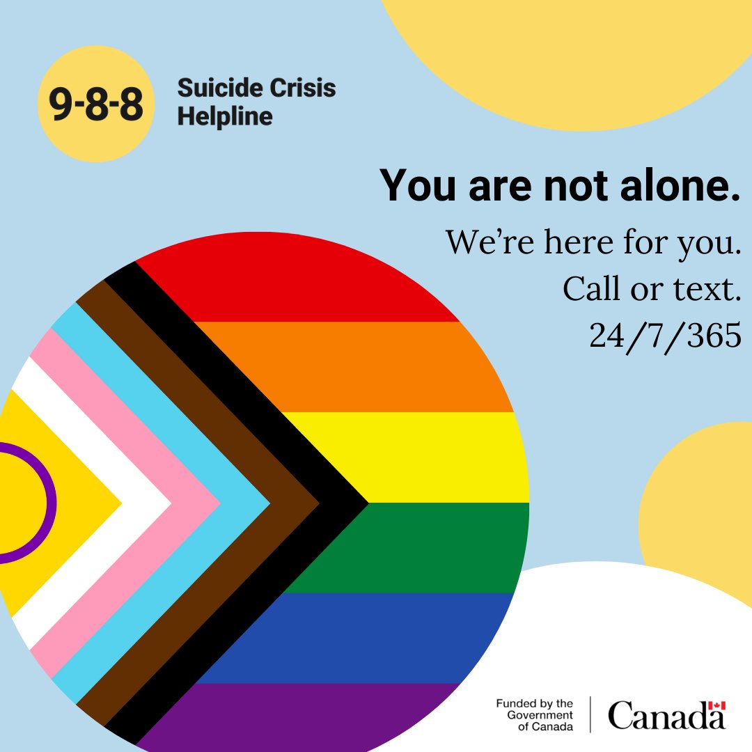 In Canada and around the world, June is #Pride Month!

To all members of the #2SLGBTQIA+ community, we are here for you. You can reach out to us any time of day by calling or texting 9-8-8, either for yourself or if you’re worried about someone in your life. #988Canada