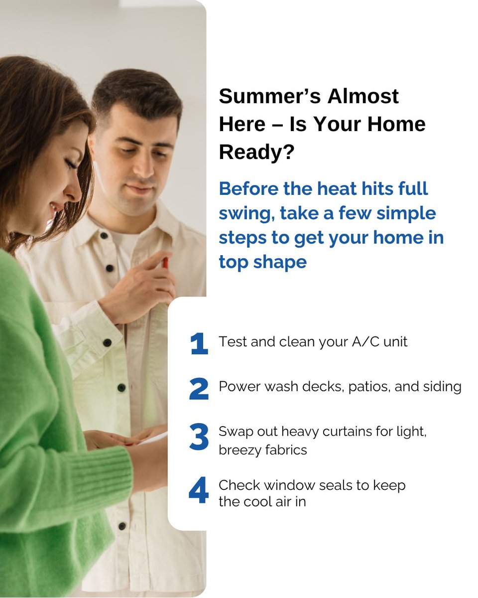 TeamGlasser's tweet photo. Before the heat hits full swing, take a few simple steps to get your home in top shape:

🌀 Test and clean your A/C unit
🧽 Power wash decks, patios, and siding

📩 Thinking of buying or selling this summer? Let’s chat about how to make the most of the season!

#TeamGlasser https://t.co/f0Q1qE7jKl