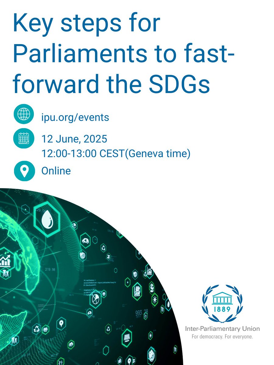 Political Will in Action: Key steps for #Parliaments to fast-forward the SDGs webinar will feature opinions from experts and #MPs, with the aim of inspiring greater parliamentary commitment to the #SDGs.

📅12 June
Register today!
#Parliaments4thePlanet
➡️ipu.org/event/politica…