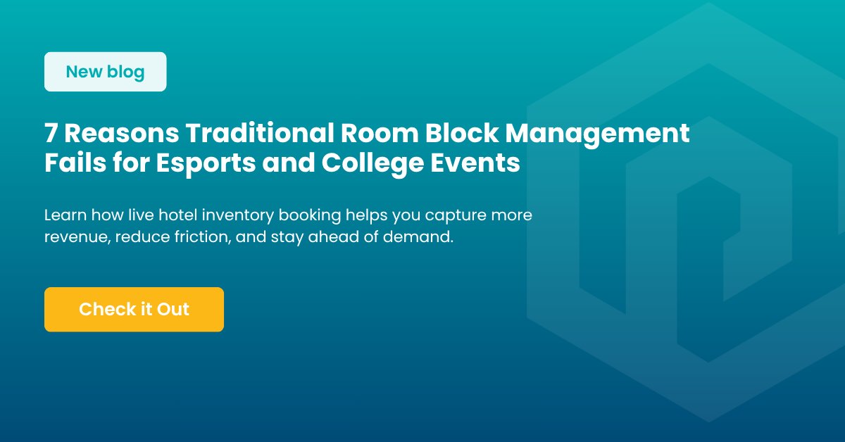 GetEventPipe's tweet photo. #Esports & college events: managing room blocks with spreadsheets? 😅
There's a better way with live hotel inventory:
✅ Bigger revenue
✅ Better fan experience
#CollegeEvents #HotelBlocks
Check out our latest blog → https://t.co/VW1noaObCS https://t.co/aaUJEVO8NN