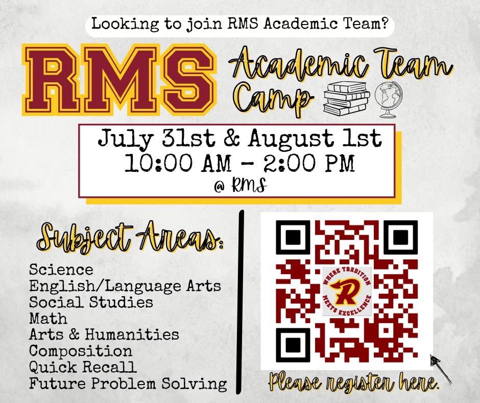 Is your student entering RMS and interested in trivia, problem-solving, or quick recall? Join us for Academic Team Camp – a fun and interactive way to sharpen skills, meet teammates, and explore what it’s like to be part of the RMS Academic Team! 🤘
