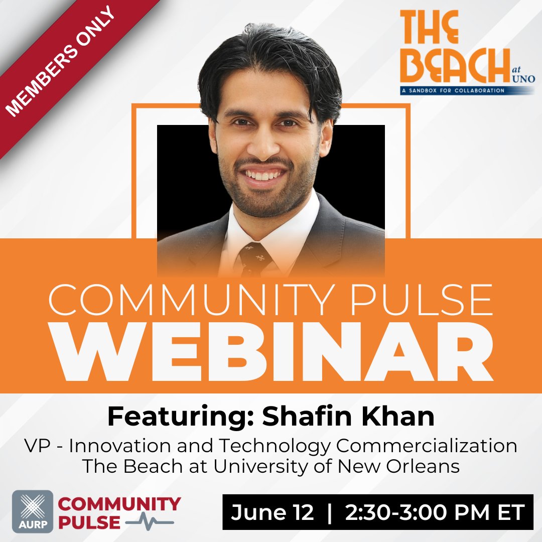 AURP (@aurp) on Twitter photo #AURPinAction: It's officially June! Time to register for this month's Members-only Community Pulse Webinar (June 12, 2:30pm-3:00pm ET) featuring Shafin Khan, VP - Innovation and Technology Commercialization, The Beach at <a href="/UofNO/">University of New Orleans</a> ! Register: aurp.net/aurp-webinars #ResearchParks #AURPinAction: It's officially June! Time to register for this month's Members-only Community Pulse Webinar (June 12, 2:30pm-3:00pm ET) featuring Shafin Khan, VP - Innovation and Technology Commercialization, The Beach at <a href="/UofNO/">University of New Orleans</a> ! Register: aurp.net/aurp-webinars #ResearchParks