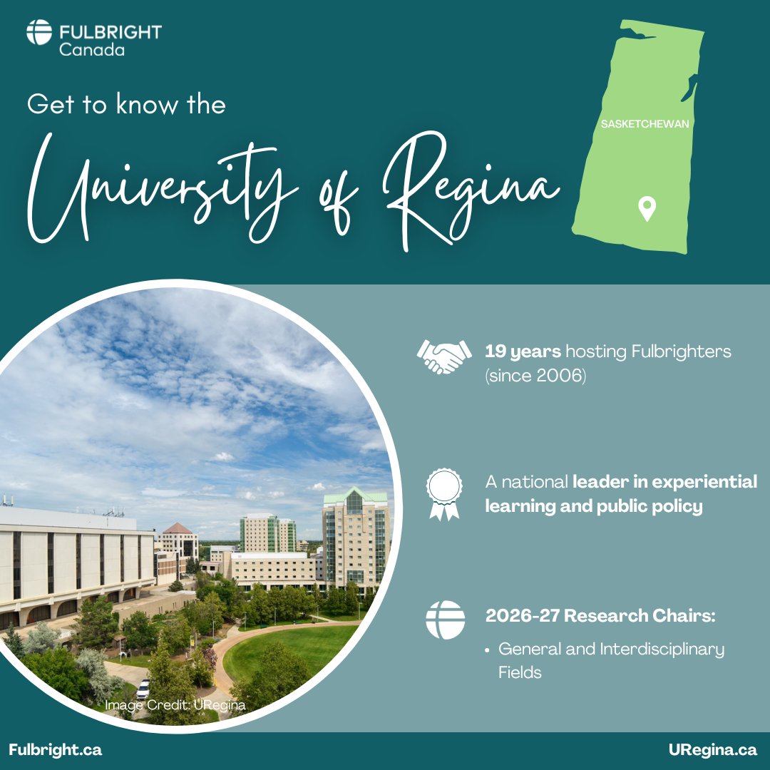 Fulbright Canada (@fulbrightcanada) on Twitter photo 📚 Partner Institution Spotlight: <a href="/UofRegina/">University of Regina</a>
A top destination for U.S. Scholars pursuing interdisciplinary, applied research in Canada. Join a welcoming academic community making a cross-border impact.
📅 Apply for the U.S. Scholar Program by Sept 15:
ow.ly/BMf550W1O3a 📚 Partner Institution Spotlight: <a href="/UofRegina/">University of Regina</a>
A top destination for U.S. Scholars pursuing interdisciplinary, applied research in Canada. Join a welcoming academic community making a cross-border impact.
📅 Apply for the U.S. Scholar Program by Sept 15:
ow.ly/BMf550W1O3a