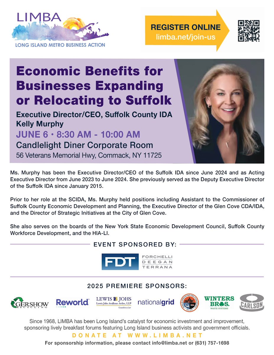 Discover the benefits of doing business in Suffolk! Join Kelly Murphy, Executive Director of the Suffolk County IDA, on June 6 at 8:30 a.m. at the Candlelight Diner in Commack. Learn, connect, and grow. Register now: tinyurl.com/k73d7r4z