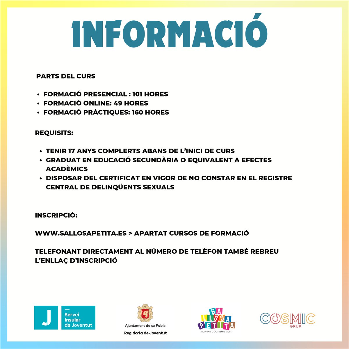 🎒 T’agradaria fer de monitor/a?

Ja ho tenim tot a punt per al Curs de Monitor/a d’Oci i Temps Lliure! Una formació intensiva i divertida que et prepara per treballar amb infants i joves 🌞👧🧒

➡️ Places limitades, no t’hi quedis fora!