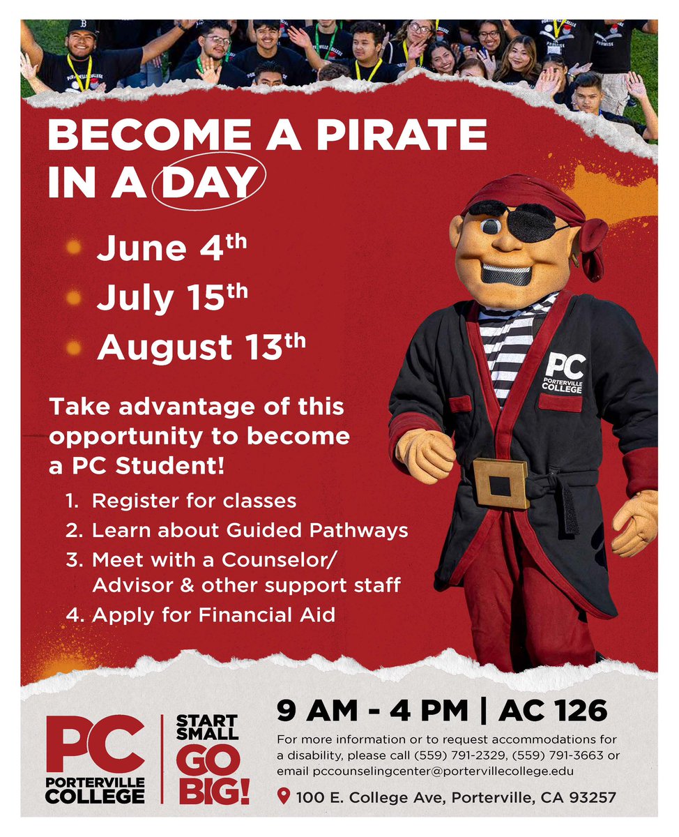 PCollegePirates's tweet image. Become a Pirate in a Day on Wed. 6/4!

Take advantage of this chance to become a PC Student!

1. Register for classes
2. Learn about Guided Pathways
3. Meet with a Counselor/Advisor &amp;amp; support staff
4. Apply for Financial Aid

6/4, 9-4pm, AC-126

See you there!

#StartSmallGoBig