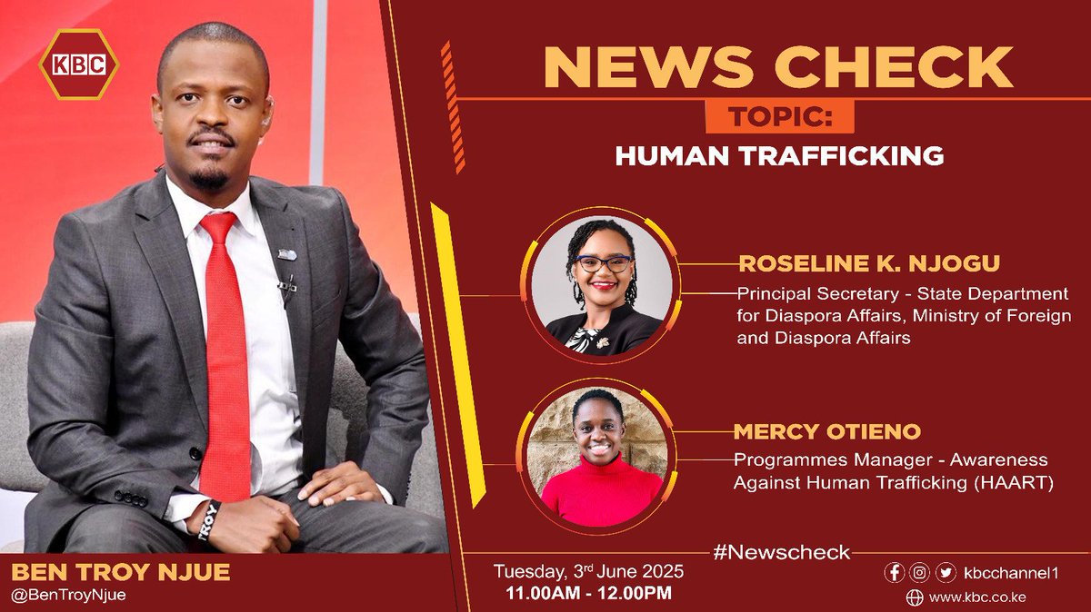Tomorrow, 11am–12pm: Mercy Otieno and the PS for Diaspora Affairs join Ben Troy Njue on KBC #NewsCheck to discuss forced criminality and trafficking in Southeast Asia. Tune in! #EndHumanTrafficking
#HAARTKenya