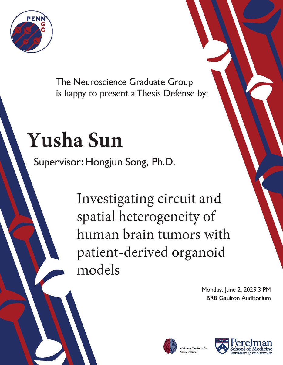 PennNGG's tweet image. #NGG is proud to present our next Thesis Defense given by Yusha Sun of the Song Lab @UPenn_SongMing ! Please join us in person or virtually (DM us for the link) on 6/2. Best of luck, Yusha! #PhAlmostDone 🥳