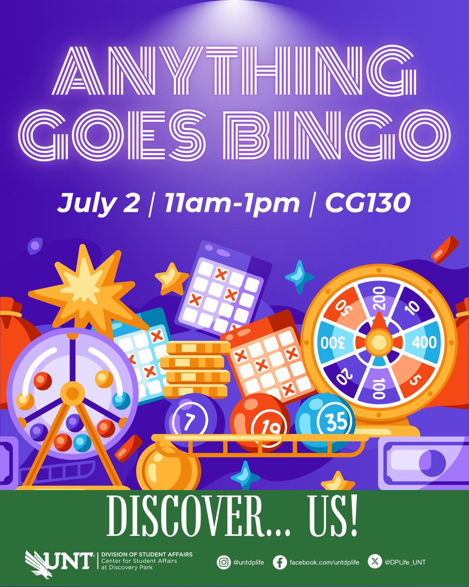 This isn't your typical bingo event! We're mixing it up with a random assortment of items that range from anything and everything! 📷📷So many things, too many to miss!

📅 July 2
⏰ 11am-1pm
📍 CG130

#UNT #UniversityofNorthTexas #DiscoveryPark