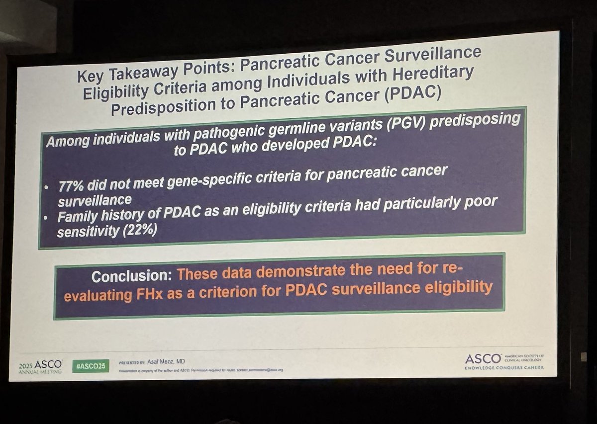 Excellent work by <a href="/DanaFarber/">Dana-Farber</a> colleague <a href="/asaf_maoz/">Asaf Maoz</a> presenting his #ASCO25 oral abstract:

Sensitivity of age and family history (FH) criteria for determining pancreatic cancer (PC) surveillance (PCS) eligibility among individuals with hereditary PC risk.

meetings.asco.org/2025-asco-annu…