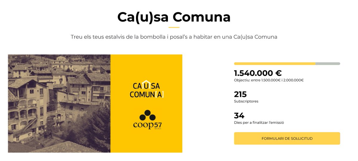 🏘️ #CausaComuna ha superat els 1.500.000€ en tan sols 7 hores.

👉🏾Encara ets a temps de treure els teus estalvis de la bombolla  i posar-los a construir comunitat🌱🛝.

🔗titols.coop57.coop/ca