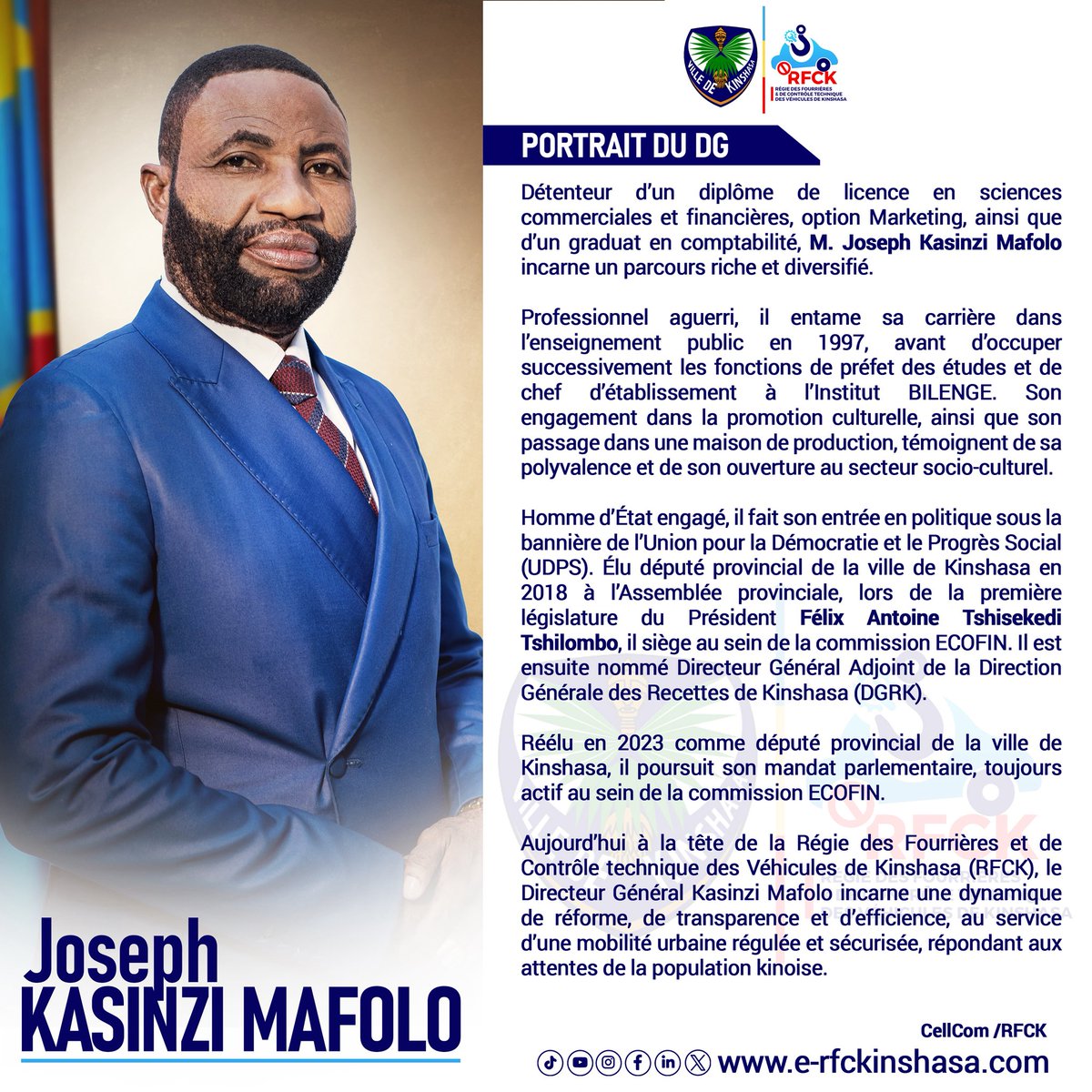 RfckKin's tweet photo. Portrait de M. Joseph Kasinzi Mafolo
Directeur Général de la RFCK

Son parcours riche de l’éducation à la gestion publique, en passant par l’engagement politique au service d’une vision claire : moderniser et professionnaliser la gestion de la mobilité urbaine à Kinshasa. https://t.co/BPz8Y0elVp