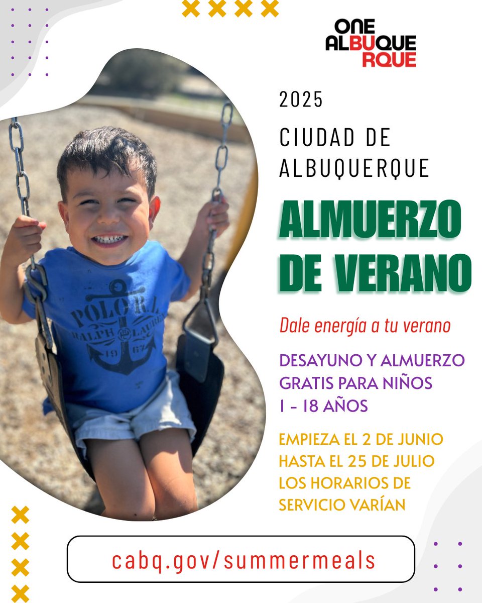 ABQtodo's tweet image. ICYMI: The City of Albuquerque Summer Lunch program is back starting TODAY, June 2! 🥦
Get free breakfast and lunch for kids 1 - 18 years old. Visit cabq.gov/summermeals to view the full list of sites, meal times, a map, and more. 😋
#OneAlbuquerque #SummerProgram