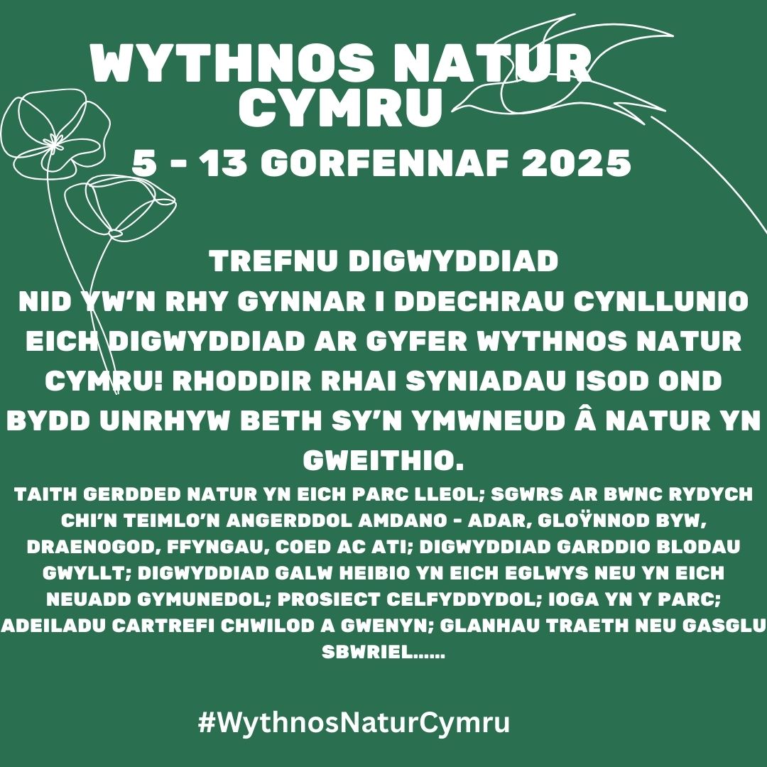 Ymunwch! 🌿
Ydych chi'n perthyn i Bartneriaeth Natur Leol, elusen amgylcheddol, cyngor, parc cenedlaethol, neu gorff cyhoeddus? Os felly, byddem wrth ein bodd pe baech yn cynllunio ac yn cynnal digwyddiadau yn ystod #WythnosNaturCymru 🦋🌍⏬
bit.ly/3NUQQEj