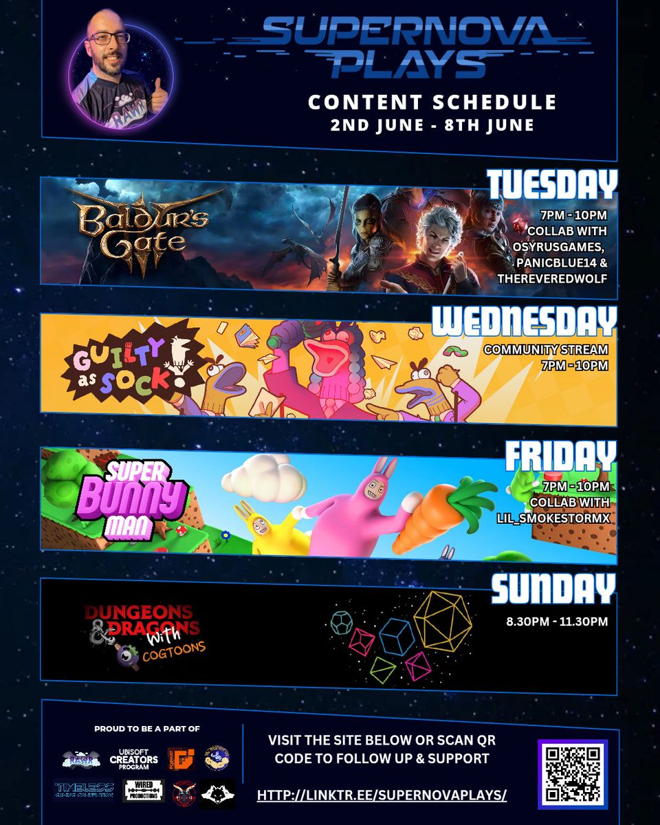 Here's my schedule for this week! I'm looking forward to playing #BaldursGate3 #guiltyassock #superbunnyman and my long running #dungeonsanddragons adventure this week. Follow up with the link below to stay updated linktr.ee/supernovaplays/ #varietystreamer #ukgamer #gaming