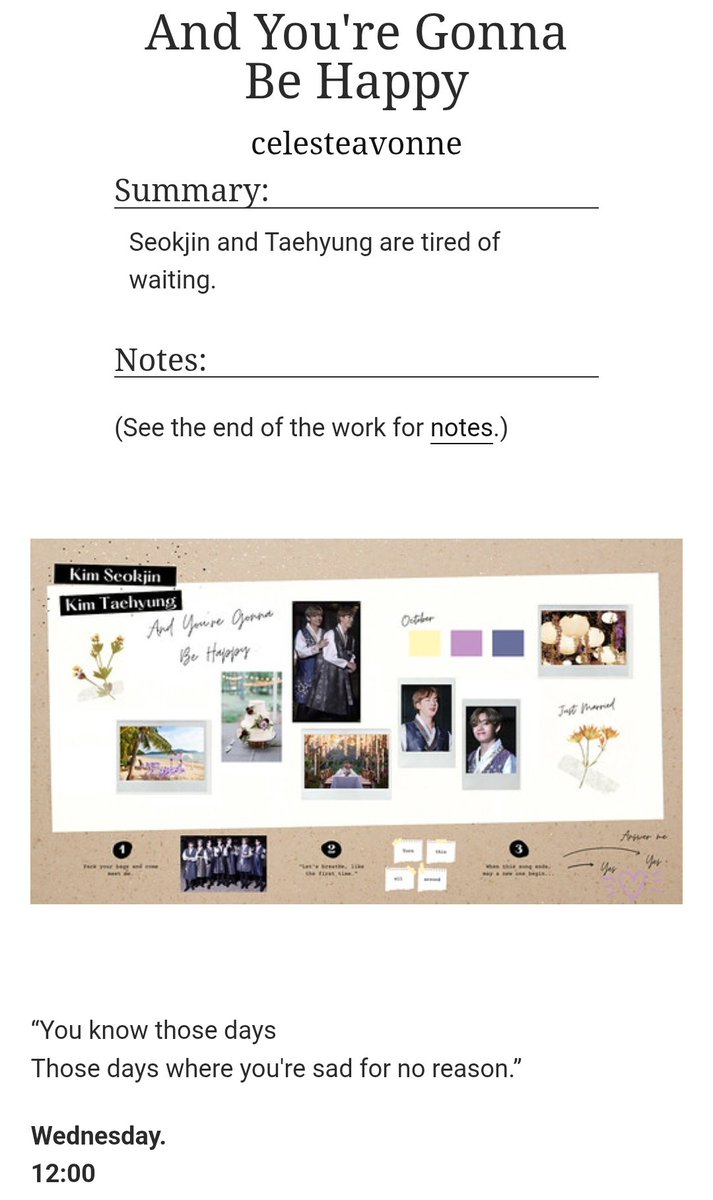 celesteavonne's tweet image. And You're Gonna Be Happy

How I wrote a whole story based on Zero O'clock and now it's the whole #FESTA2025 theme. 
#ZeroOClock #BTS #BTS12thAnniversary