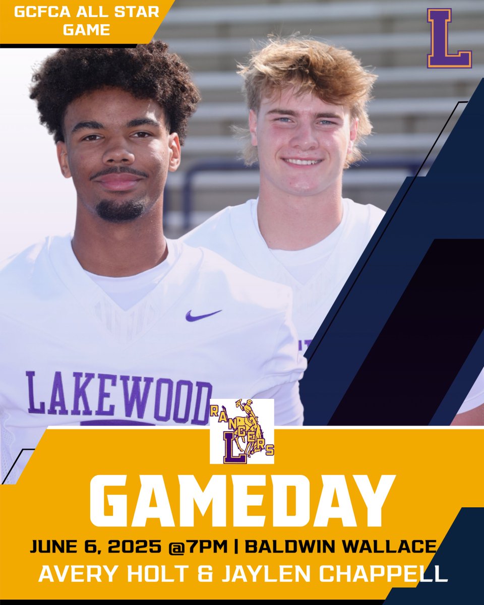 Greater Cleveland Football Coaches Association All Star Game.  Lakewood will be represented by Seniors Jaylen Chappell and Avery Holt:
Friday, June 6, 2025
Baldwin-Wallace University Stadium
7:00 Kickoff
$10.00 admittance fee (children under 5 are free)