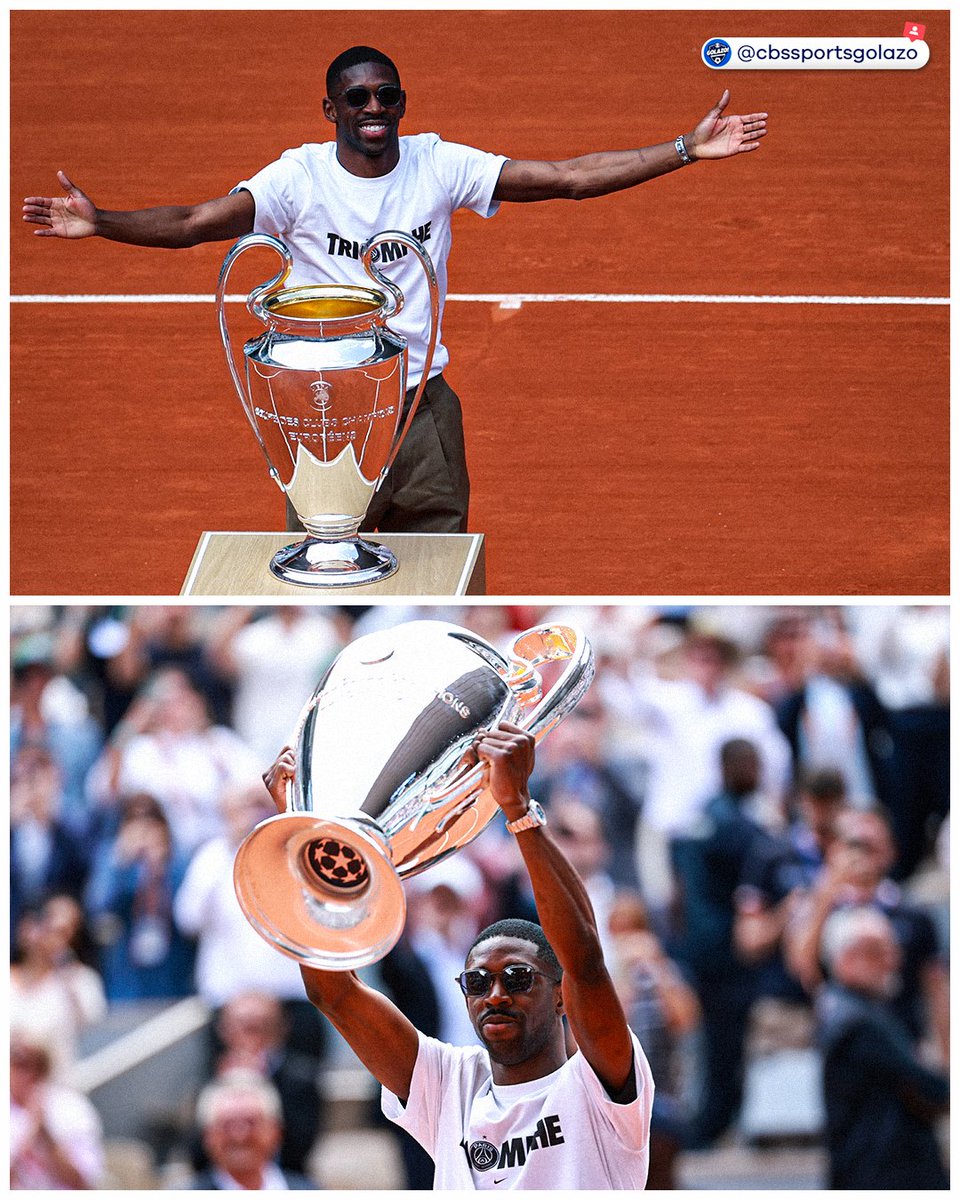 Ousmane Dembélé showing off PSG’s UCL trophy at the French Open 🎾🏆