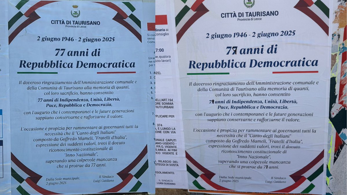 Taurisano, manifesti per la Festa della Repubblica con errore corretti a mano trnews.it/2025/06/02/tau…
