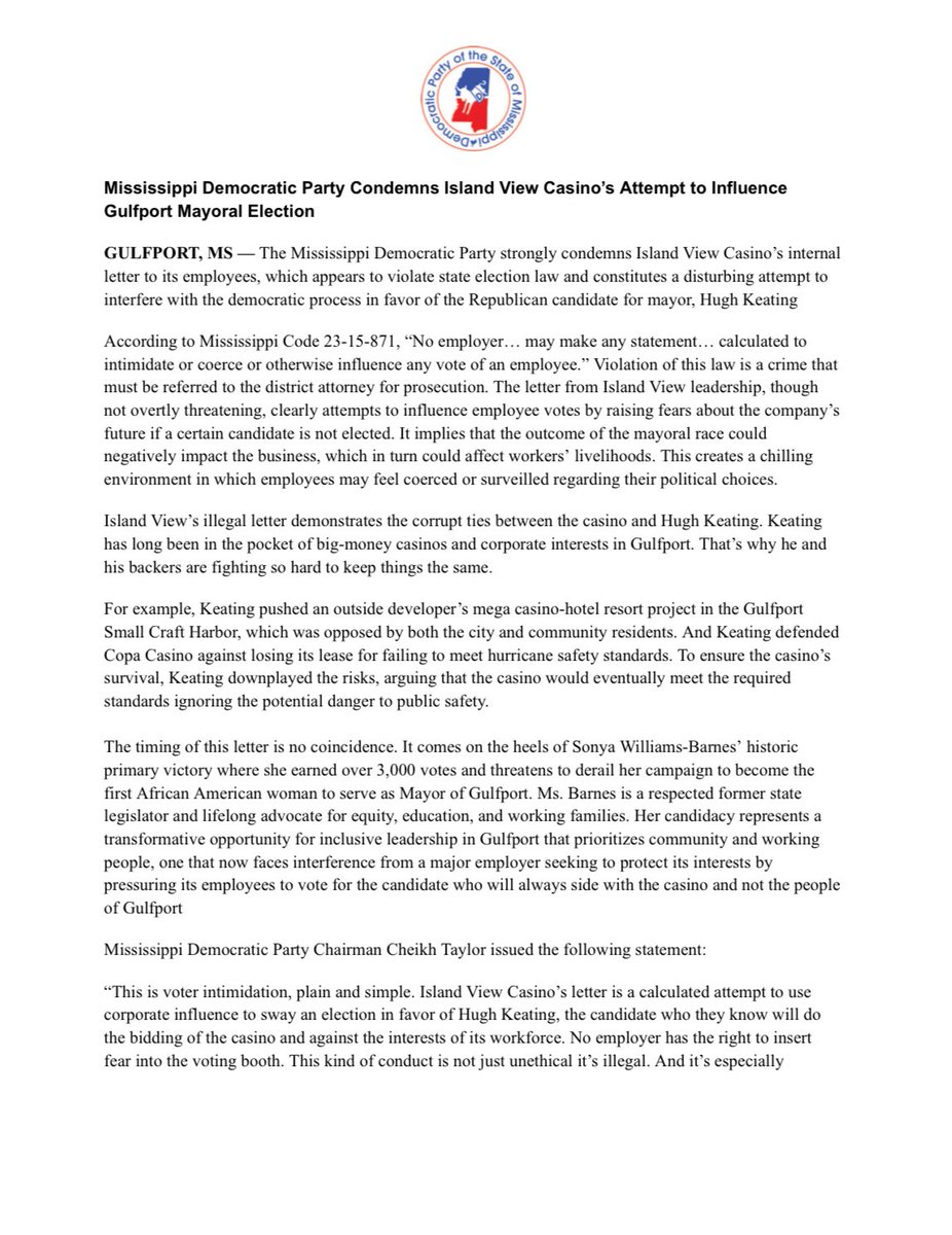 msdemocrats's tweet photo. 🚨 The MS Democratic Party is sounding the alarm on Island View Casino’s attempt to sway Gulfport’s mayoral race.
Voter intimidation is ILLEGAL—and we must protect the right to vote without fear or pressure. #MSPolitics #ProtectTheVote #GulfportVotes https://t.co/jD0iSI7wAV
