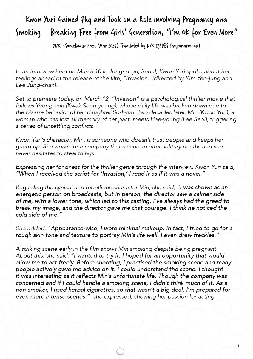 kyr125subs's tweet image. Yuri's &amp;lt;Somebody&amp;gt; Press Interviews (1) 

“Life with enough balance makes me happy. Jeju has everything I love—yoga, scuba diving, horseback riding, etc. All my hobbies can be enjoyed there.”

Translated by @myomariaphu

#유리 #권유리 #Yuri #KwonYuri
