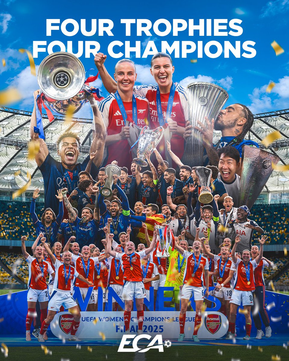 ECA (@ecaeurope) on Twitter photo Four Trophies. Four Champions.
Europe’s biggest prizes have been won and we can crown the 2024/25 European Champions.
🔵🔴 <a href="/PSG_inside/">Paris Saint-Germain</a> – <a href="/ChampionsLeague/">UEFA Champions League</a>
🔴⚪️ <a href="/ArsenalWFC/">Arsenal Women</a> - <a href="/UWCL/">UEFA Women’s Champions League</a>
⚪️🔵 <a href="/SpursOfficial/">Tottenham Hotspur</a> – <a href="/EuropaLeague/">UEFA Europa League</a>
🔵⚪️ <a href="/ChelseaFC/">Chelsea FC</a> – <a href="/Conf_League/">UEFA Conference League</a>
Unforgettable seasons, Four Trophies. Four Champions.
Europe’s biggest prizes have been won and we can crown the 2024/25 European Champions.
🔵🔴 <a href="/PSG_inside/">Paris Saint-Germain</a> – <a href="/ChampionsLeague/">UEFA Champions League</a>
🔴⚪️ <a href="/ArsenalWFC/">Arsenal Women</a> - <a href="/UWCL/">UEFA Women’s Champions League</a>
⚪️🔵 <a href="/SpursOfficial/">Tottenham Hotspur</a> – <a href="/EuropaLeague/">UEFA Europa League</a>
🔵⚪️ <a href="/ChelseaFC/">Chelsea FC</a> – <a href="/Conf_League/">UEFA Conference League</a>
Unforgettable seasons,