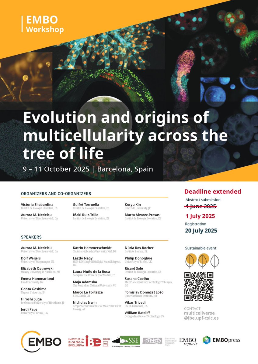 Institute of Evolutionary Biology (IBE) (@ibe_barcelona) on Twitter photo 📣📣 Deadline Extended!
The abstract submission deadline for the EMBO Workshop "Evolution and Origins of Multicellularity Across the Tree of Life" has been extended to July 1!
📆 9–11 October
📍 <a href="/the_prbb/">Biomedicina BCN</a> & Online
✅ Travel & Childcare Grants
✍️ meetings.embo.org/event/25-multi… 📣📣 Deadline Extended!
The abstract submission deadline for the EMBO Workshop "Evolution and Origins of Multicellularity Across the Tree of Life" has been extended to July 1!
📆 9–11 October
📍 <a href="/the_prbb/">Biomedicina BCN</a> & Online
✅ Travel & Childcare Grants
✍️ meetings.embo.org/event/25-multi…