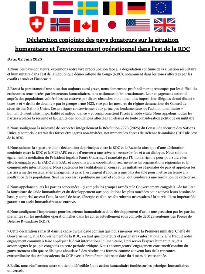 ONG ASSICAS International DRC (@assicas_k) on Twitter photo Les pays donateurs expriment leur vive inquiétude face à la dégradation de la situation humanitaire dans l’est de la RDC. Ils appellent au respect du droit humanitaire, à un accès libre à l’aide et au retrait des forces étrangères.
📄 Déclaration conjointe ⬆️ <a href="/SweAmbDRC/">Ambassadeur de Suède en RDC Joakim Vaverka</a> Les pays donateurs expriment leur vive inquiétude face à la dégradation de la situation humanitaire dans l’est de la RDC. Ils appellent au respect du droit humanitaire, à un accès libre à l’aide et au retrait des forces étrangères.
📄 Déclaration conjointe ⬆️ <a href="/SweAmbDRC/">Ambassadeur de Suède en RDC Joakim Vaverka</a>