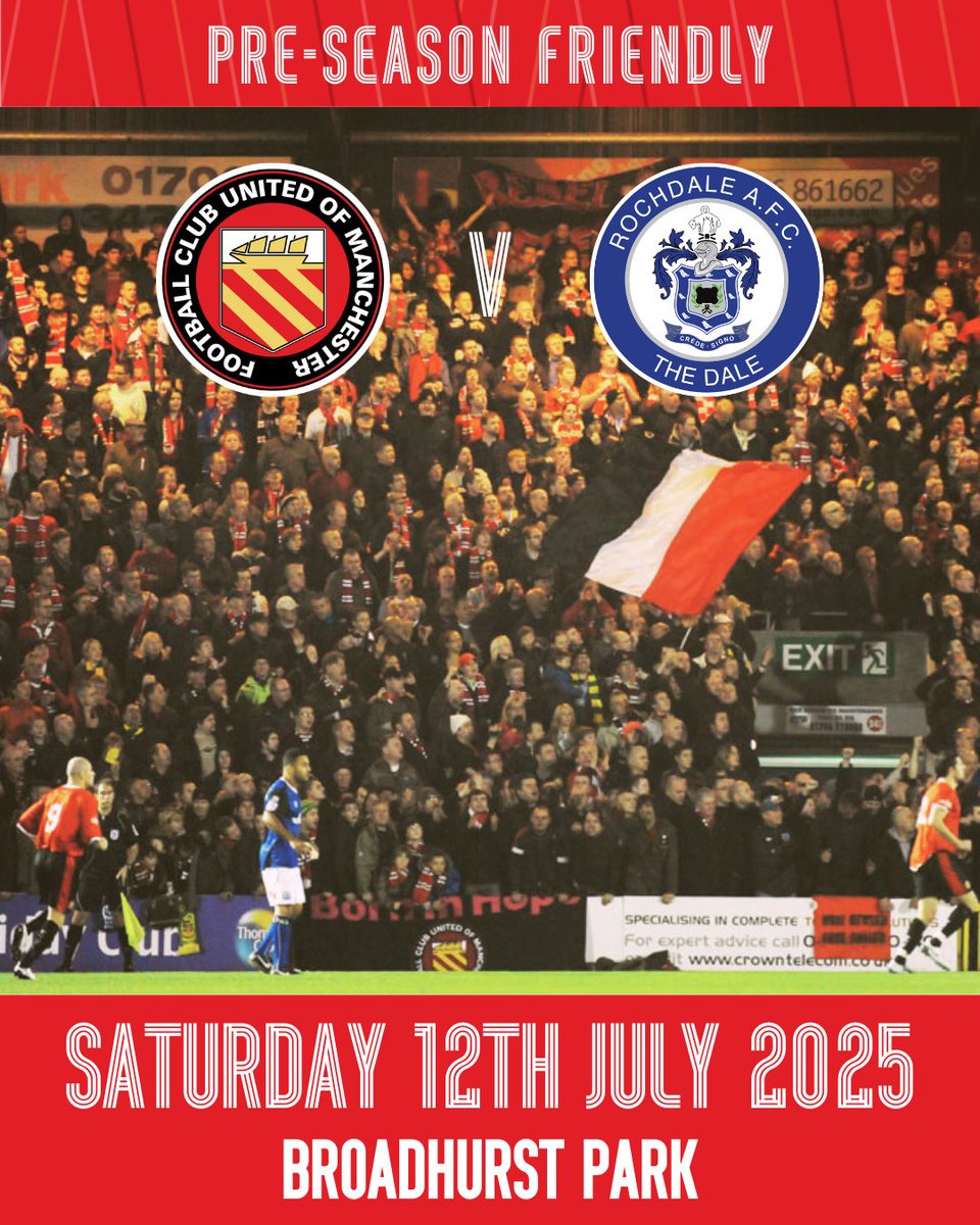 FC United of Manchester 🟥⬜⬛ (@fcunitedmcr) on Twitter photo Spotland was the venue on what was the most famous night in FC’s history.
Fifteen years on, we’re delighted to welcome <a href="/officiallydale/">Rochdale AFC</a> to Broadhurst Park for a pre-season friendly on Saturday 12th July (kick-off 3pm) Spotland was the venue on what was the most famous night in FC’s history.
Fifteen years on, we’re delighted to welcome <a href="/officiallydale/">Rochdale AFC</a> to Broadhurst Park for a pre-season friendly on Saturday 12th July (kick-off 3pm)