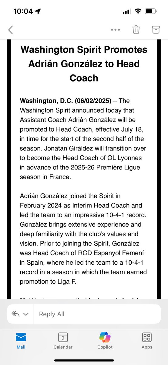 Jake Rohm (@jakerohm) on Twitter photo BREAKING: <a href="/WashSpirit/">Washington Spirit</a> HC Jonatan Giráldez is leaving DC and will be the head coach of OL Lyonnes in France.
The European club is owned by Spirit owner Michele Kang.
Adrián González will become the head coach of the Spirit.
<a href="/DCNewsNow/">DC News Now</a> BREAKING: <a href="/WashSpirit/">Washington Spirit</a> HC Jonatan Giráldez is leaving DC and will be the head coach of OL Lyonnes in France.
The European club is owned by Spirit owner Michele Kang.
Adrián González will become the head coach of the Spirit.
<a href="/DCNewsNow/">DC News Now</a>