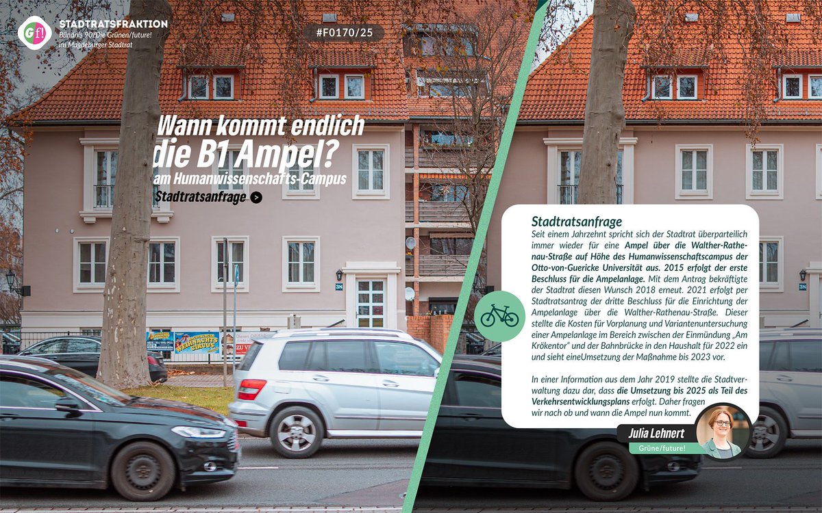 Seit Jahren gibt es einen Beschluss für die Ampel über die B1, laut Verkehrsentwicklungsplan sollte sie dieses Jahr gebaut werden. Wir fragen nach wann und ob das dieses Jahr noch passiert.
Zur Anfrage
ratsinfo.magdeburg.de/vo0050.asp?__k…