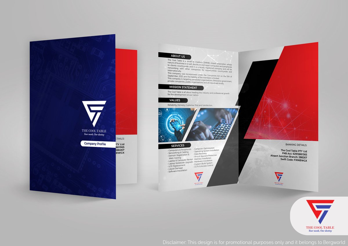 BergworldInc's tweet image. For those in need of taking their branding a step further or simply showcasing their work; talk to us for a company/business profile;

brgwrld.inc@gmail.com or bergworld.inc@gmail.com
(+267)76411848

#PushaBW
#SupportLocalBW
#CompanyProfileDesign