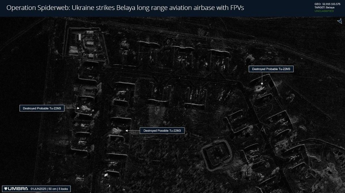 worldwar_3__'s tweet photo. UPDATE: 

Satellite imagery from Russia's Belaya Airbase shows 4 Tu-22M3 strategic bombers and 3 TU-95 destroyed, that is 7 total in this base. https://t.co/KUetZSnJJX