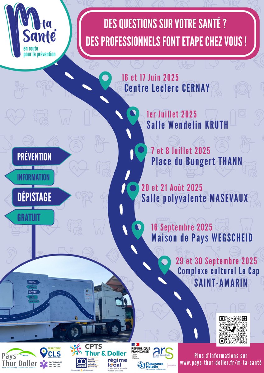 Lundi, la semi-remorque "M Ta Santé" partira sur les routes du Pays Thur Doller (68) jusqu'au 30 septembre !

RDV dans 6 communes du territoire : Cernay, Kruth, Thann, Masevaux, Wegscheid, Saint-Amarin 

ℹ️ pays-thur-doller.fr/m-ta-sant%C3%A…
