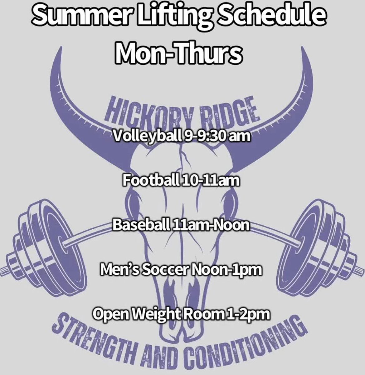 Weight room summer hours! 
<a href="/hrhsbulls/">Hickory Ridge Ragin’ Bulls 🤘🏻</a> <a href="/HRHSBoosters/">HRHS Boosters 🐮💙🤘🏼</a>