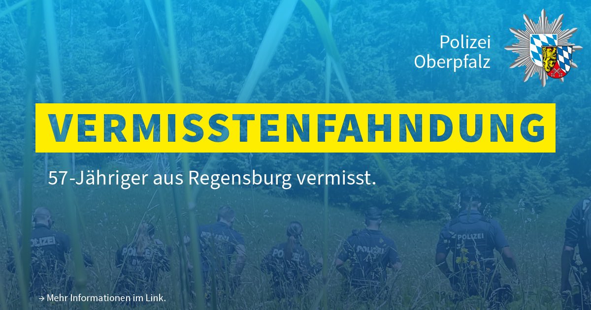 +++ Vermisstenfahndung +++

Seit Donnerstag, den 30. Mai 2025, wird ein 57-Jähriger aus Regensburg vermisst.

Ein Foto des Vermissten findet ihr hier:

polizei.bayern.de/fahndung/perso…

Bitte keine Hinweise via Social Media!