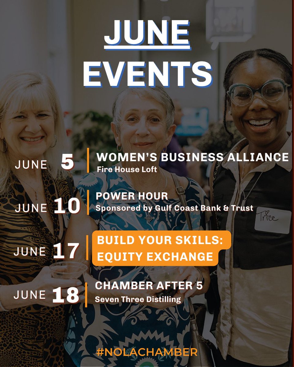 June with the #NOLAChamber!
We can't wait to see you at our events this month, to register click here:
neworleanschamber.org/events/catgid/6 

💌 members and non-members are welcome!

#nolanetworking #nolaconnections #nolacommunity #neworleansbusiness
#businessnola