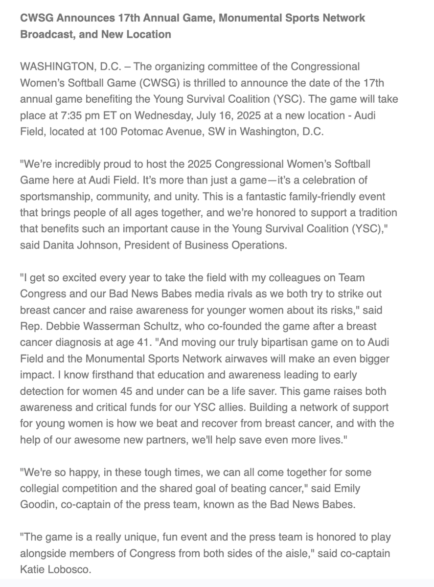 JacobRubashkin's tweet photo. Big news on the congressional sports front: The Congressional Women's Softball Game is going to be at Audi Field this year! And it's going to be broadcast on TV for the first time, on the Monumental Sports Network. 

Exciting stuff all around 🥎🥎🥎 https://t.co/lIF7AmEm6l