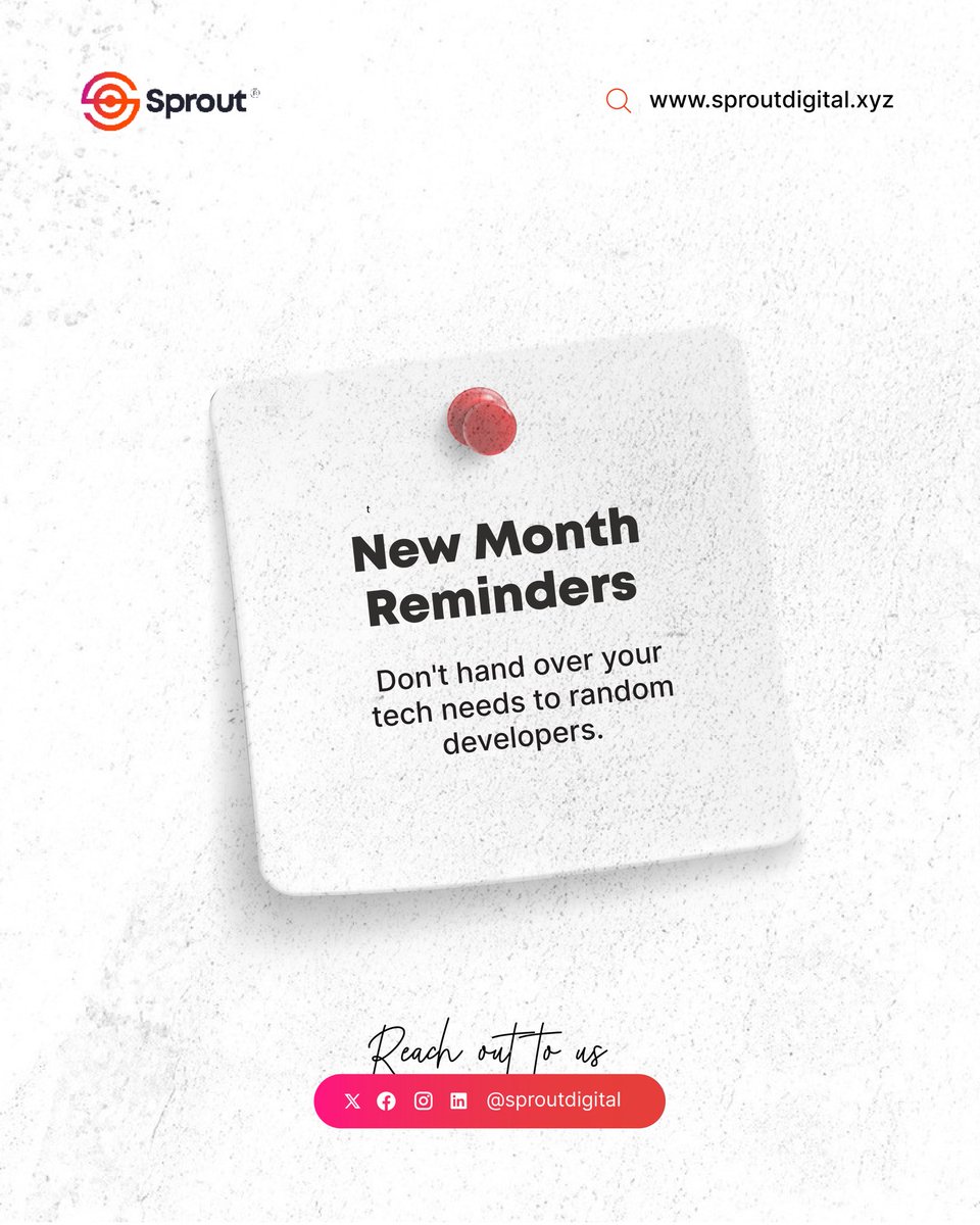 New month, new goals but let’s not repeat old mistakes. 
Stop trusting your tech to random developers.
Work with experts who get it. 
#TechTips #BusinessGrowth #WebDev #StartupLife #SproutDigital