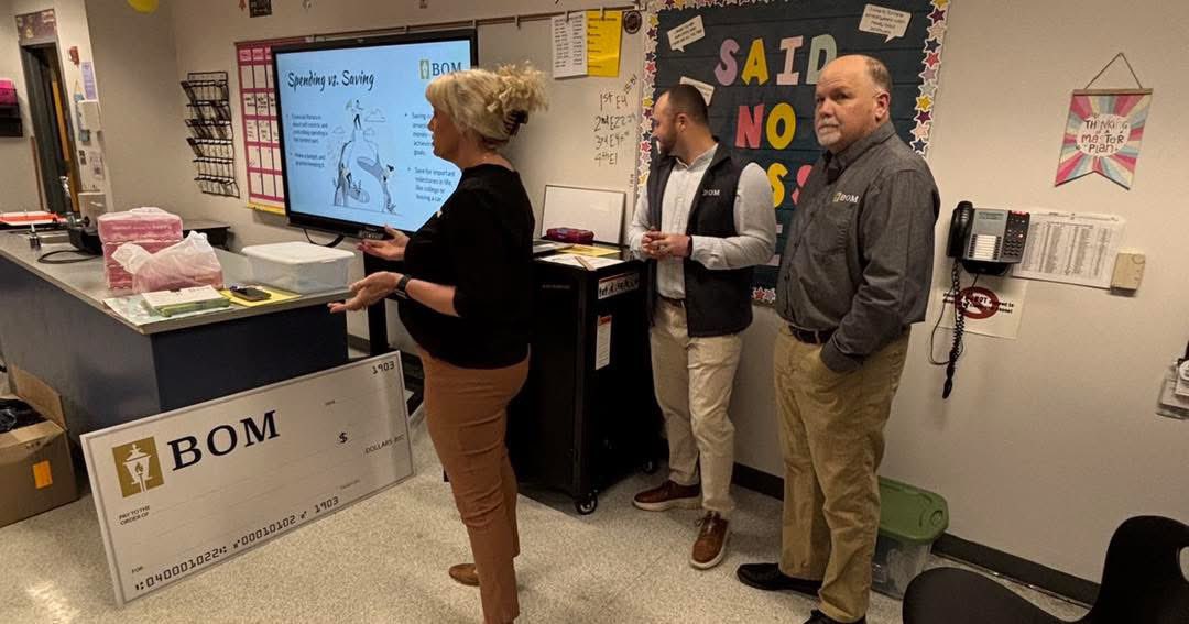 BOM’s Titan Marler, Mark Leger, Daniel Lonsberry, and Mandy Futrell taught a financial literacy class with the Pineville High School JAG program. Our staff loved being able to work with the students and help them learn how to manage, save &amp; grow their money. #finlitlouisiana