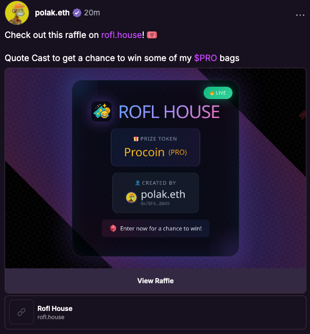 0xr0b_eth's tweet image. Pretty novel concept on Farcaster, quote cast me if you want a chance at winning some $PRO tokens :

farcaster.xyz/polak.eth/0x1f…

props to @mykcryptodev for the app!