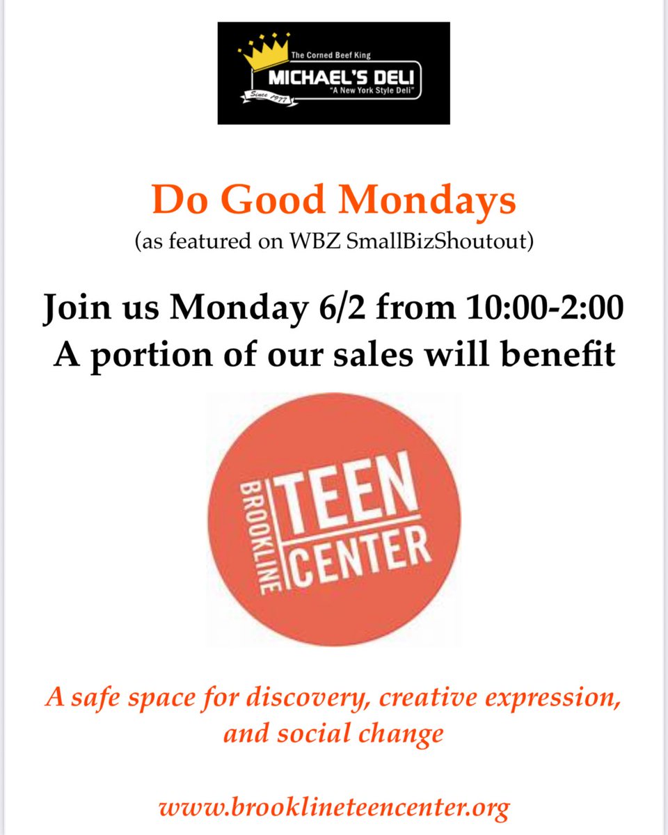 Michael's Deli (@michaels_deli) on Twitter photo If you need more proof that Monday’s ain’t so bad,🛑in for #DOGOODMONDAY a portion of sales benefit <a href="/brooklineteen/">Brookline Teen Center</a> another reason to #LoveMonday #delicatessen #doinggood #giveback #charity #bestofboston #supportlocal #familybusiness #getsome #forkyeah #helpushelpothers #community If you need more proof that Monday’s ain’t so bad,🛑in for #DOGOODMONDAY a portion of sales benefit <a href="/brooklineteen/">Brookline Teen Center</a> another reason to #LoveMonday #delicatessen #doinggood #giveback #charity #bestofboston #supportlocal #familybusiness #getsome #forkyeah #helpushelpothers #community