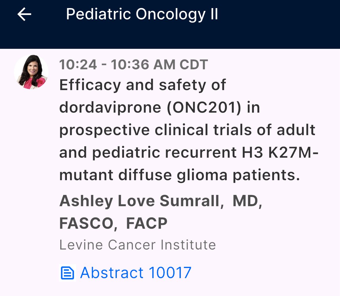 Today is the day! I’m so excited to present the updated data on #onc201 #dordaviprone in the setting of #H3K27m mutant diffuse glioma! this drug is under review for accelerated approval by the FDA!! Head to the peds session to hear more. #btsm #asco25