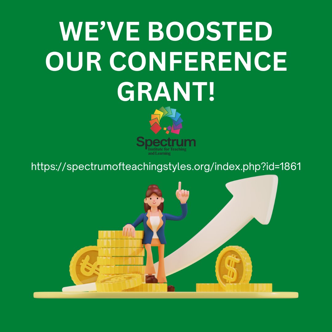 spectrumots's tweet image. Great news! Our Conference Grant just got a boost — now $1,500 USD! 🎉 Apply anytime if you&apos;re presenting on the Spectrum of Teaching Styles at an international conference:
🔗 spectrumofteachingstyles.org/index.php?id=1…
#EducationGrant #TeachingStyles #EdResearch