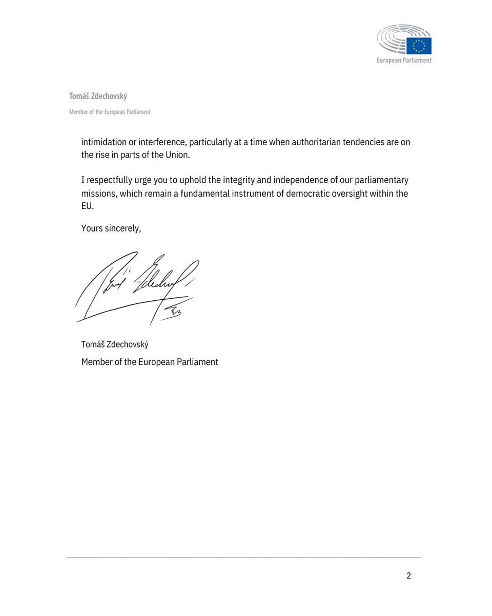 Požádal jsem předsedkyni <a href="/EP_President/">Roberta Metsola</a>, aby o naší misi informovala vedení Evropského parlamentu a zvážila možné kroky vůči Slovensku. Parlamentní mise nesmí být vystavovány zastrašování. Pokud začneme tolerovat takové praktiky, ohrožujeme samotné demokratické jádro Unie.