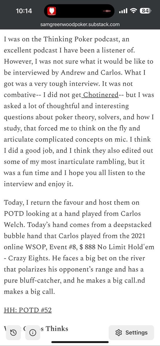 Had a lot of talking to Andrew and Carlos. A preview of tomorrow’s post where I look at a punt from Carlos