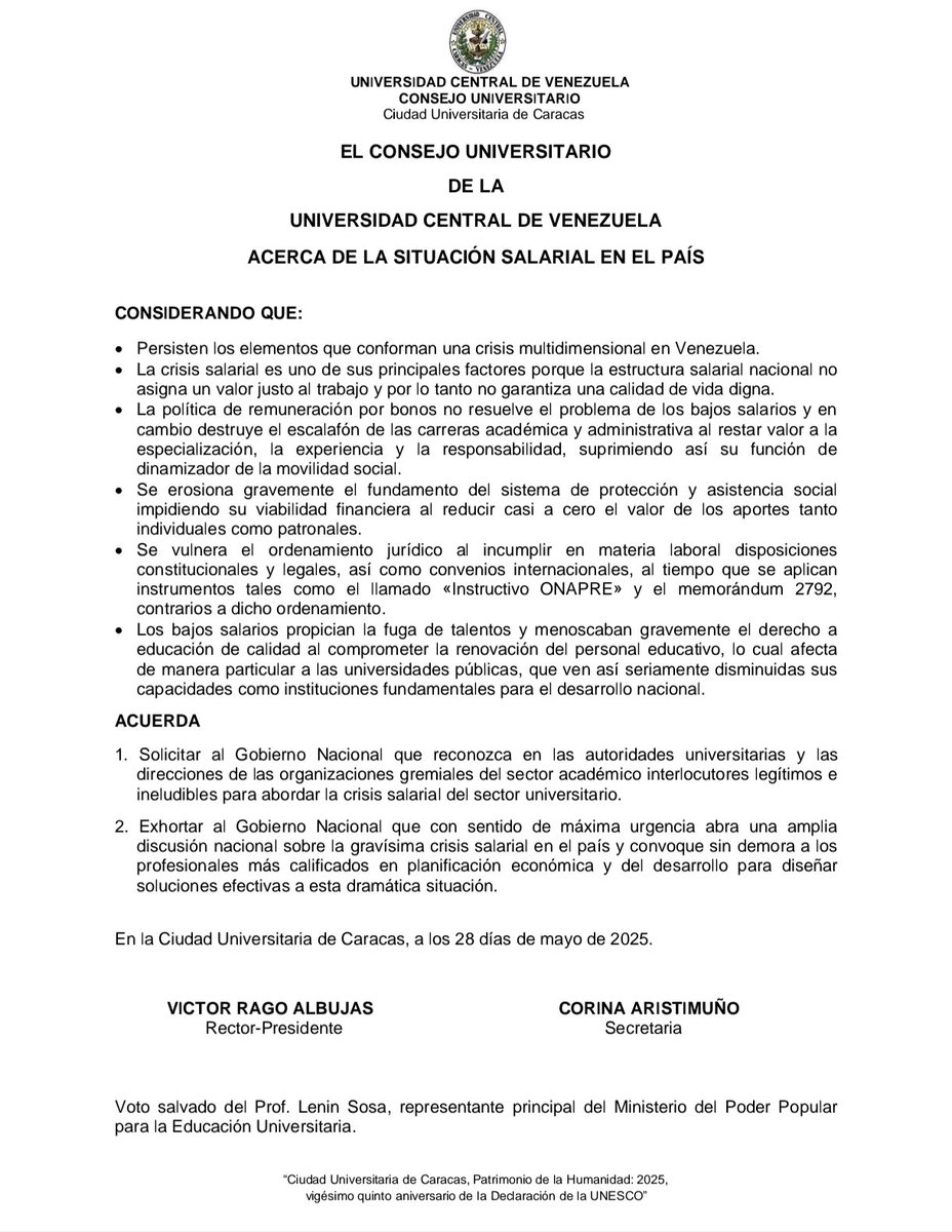 Importante comunicado del Consejo Universitario sobre la situación salarial. Evidencia la perjudicial política de bonificación del salario, el desconocimiento a convenciones colectivas y actas convenios y solicita el reconocimiento a las autoridades y organizaciones gremiales.